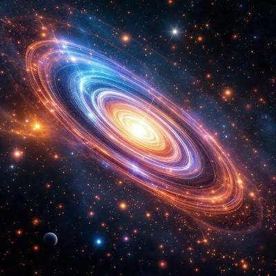 The primary subject of the image is a large, colorful spiral galaxy, which is the main focus of the image. The galaxy is set against a backdrop of a dark, star-filled sky. The visual style of the image is a digital art or illustration, with the galaxy being depicted in a vibrant and detailed manner. The colors and mood of the image are predominantly warm and inviting, with the spiral galaxy being the central point of interest.